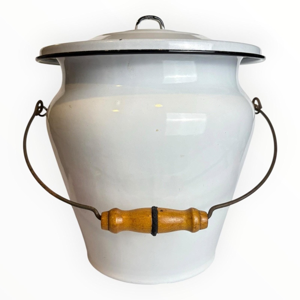 Vintage Enamel Ware Chamber Pot Bucket w/ Lid & Wood Handle~Primitive Farm Decor